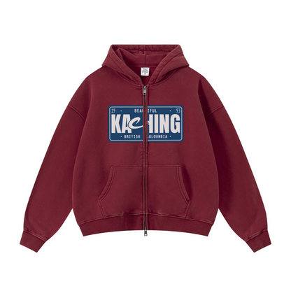 400GSM Unisex Vintage-Wash Boxy-Fit Zip-Up Hoodie Vintage Red