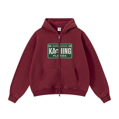 400GSM Unisex Vintage-Wash Boxy-Fit Zip-Up Hoodie Vintage Red