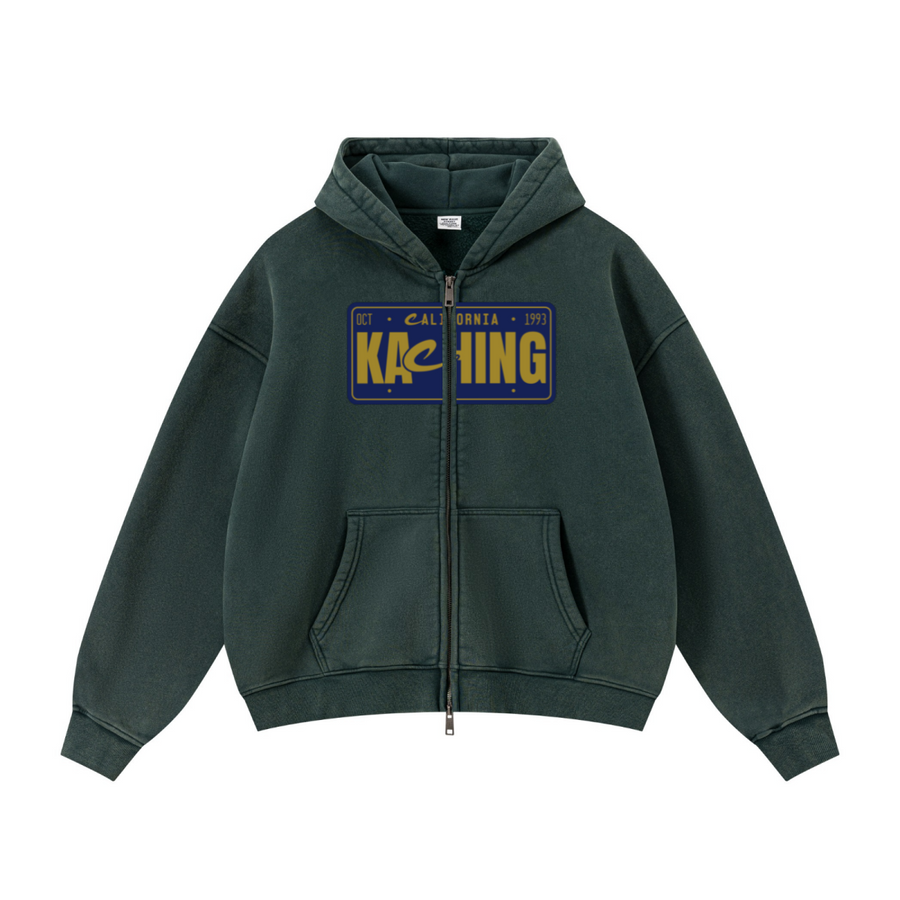 400GSM Unisex Vintage-Wash Boxy-Fit Zip-Up Hoodie Vintage Moss Green