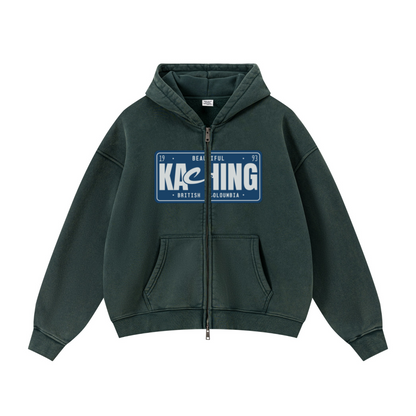400GSM Unisex Vintage-Wash Boxy-Fit Zip-Up Hoodie Vintage Moss Green
