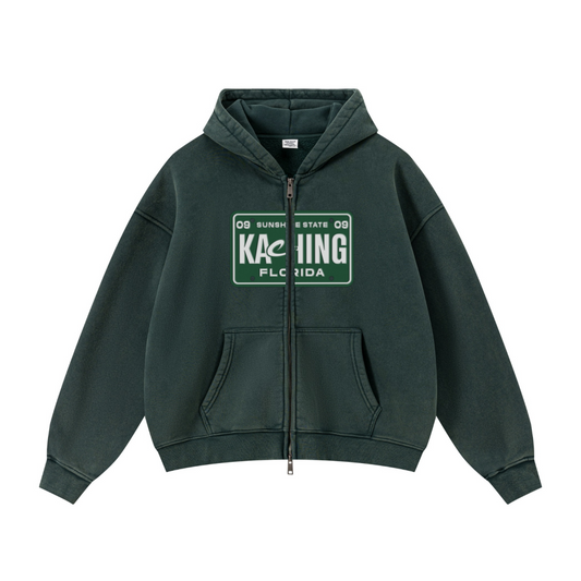 400GSM Unisex Vintage-Wash Boxy-Fit Zip-Up Hoodie Vintage Moss Green