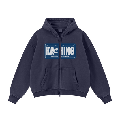 400GSM Unisex Vintage-Wash Boxy-Fit Zip-Up Hoodie Vintage Royal Blue
