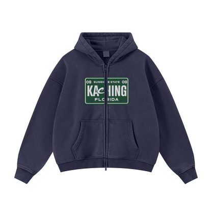 400GSM Unisex Vintage-Wash Boxy-Fit Zip-Up Hoodie Vintage Royal Blue