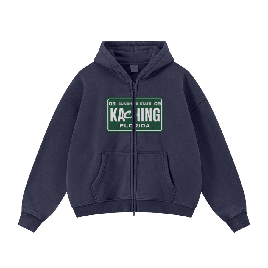 400GSM Unisex Vintage-Wash Boxy-Fit Zip-Up Hoodie Vintage Royal Blue